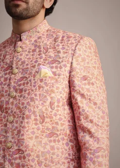 White And Cream Printed Silk Jodhpuri Suit