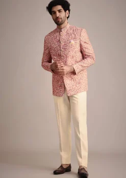 White And Cream Printed Silk Jodhpuri Suit
