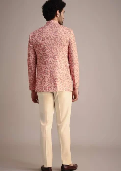 White And Cream Printed Silk Jodhpuri Suit