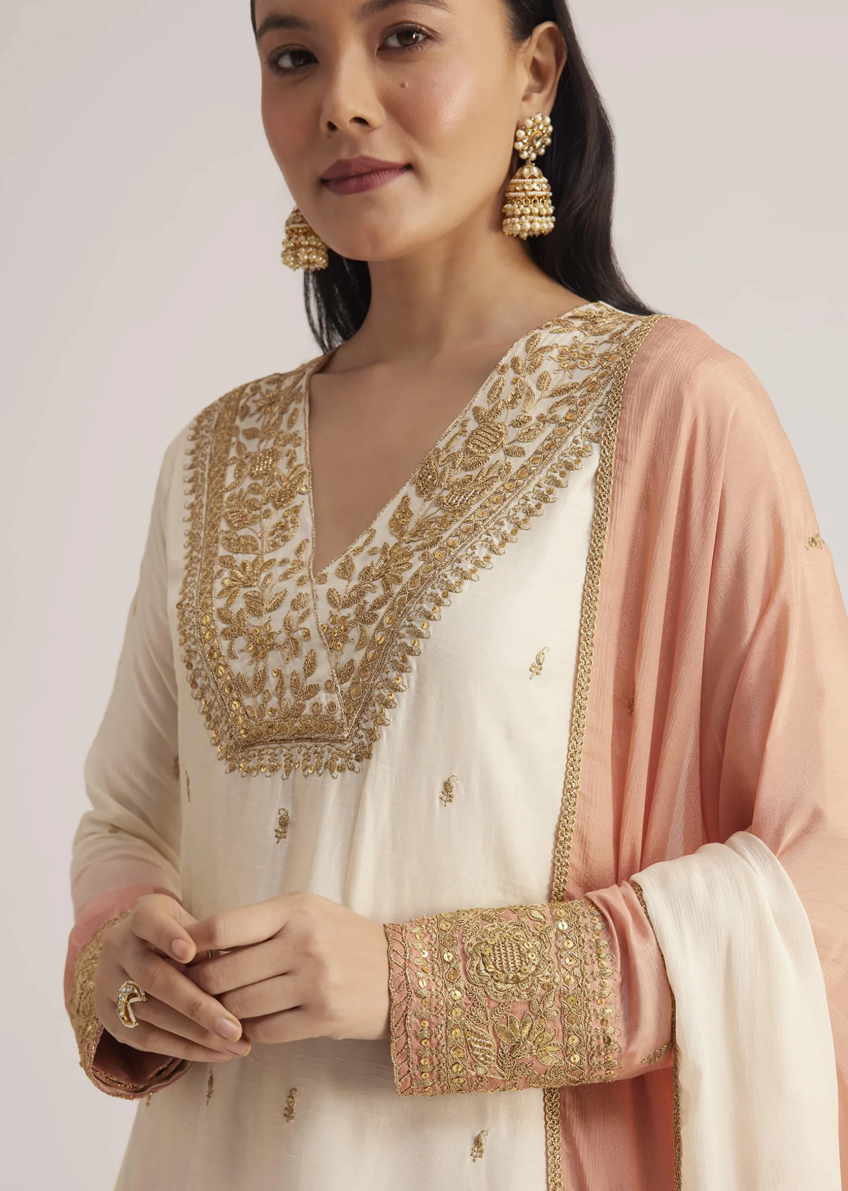 White and Peach Ombre Embroidered Suit