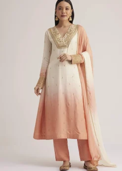 White and Peach Ombre Embroidered Suit