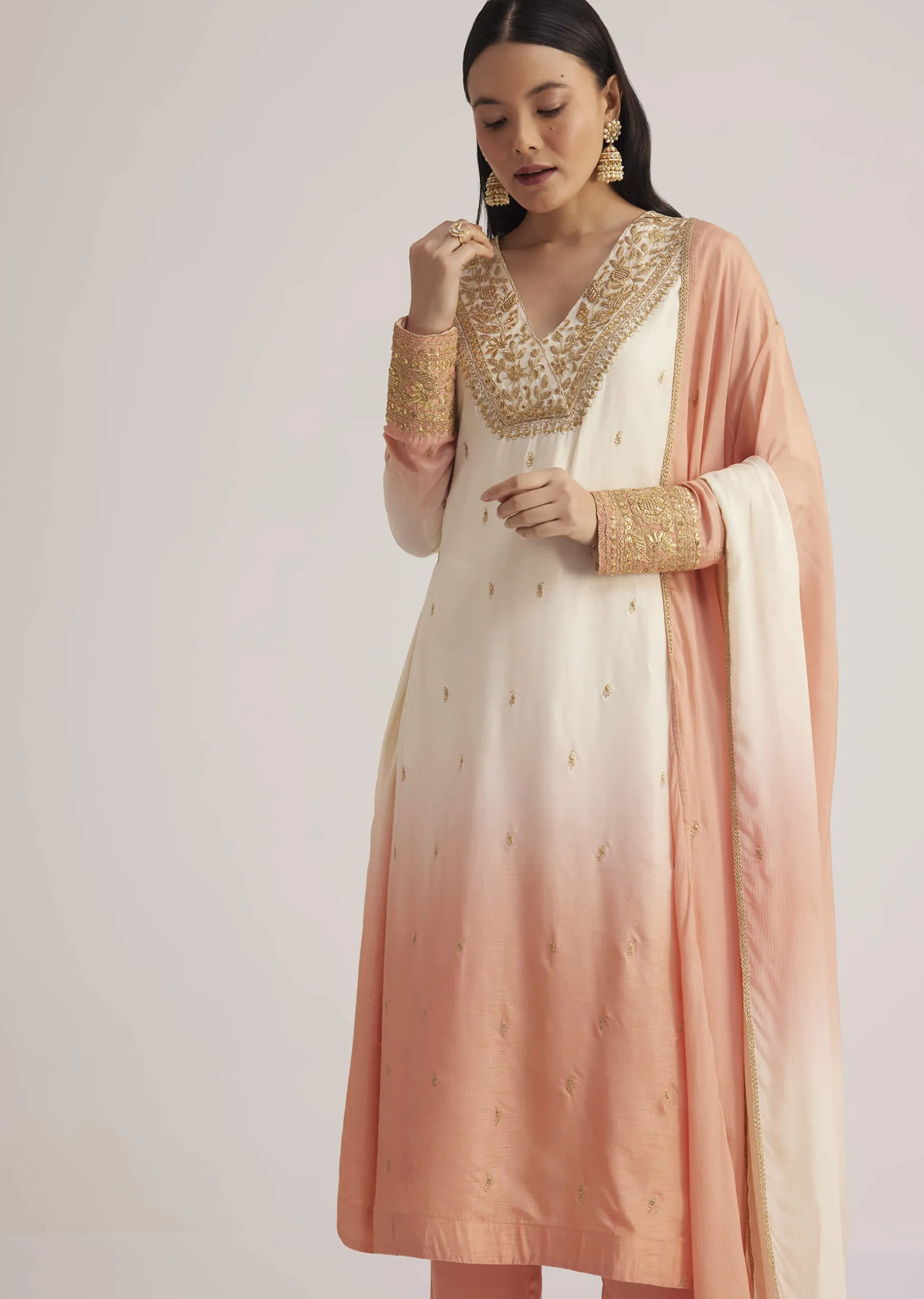 White and Peach Ombre Embroidered Suit