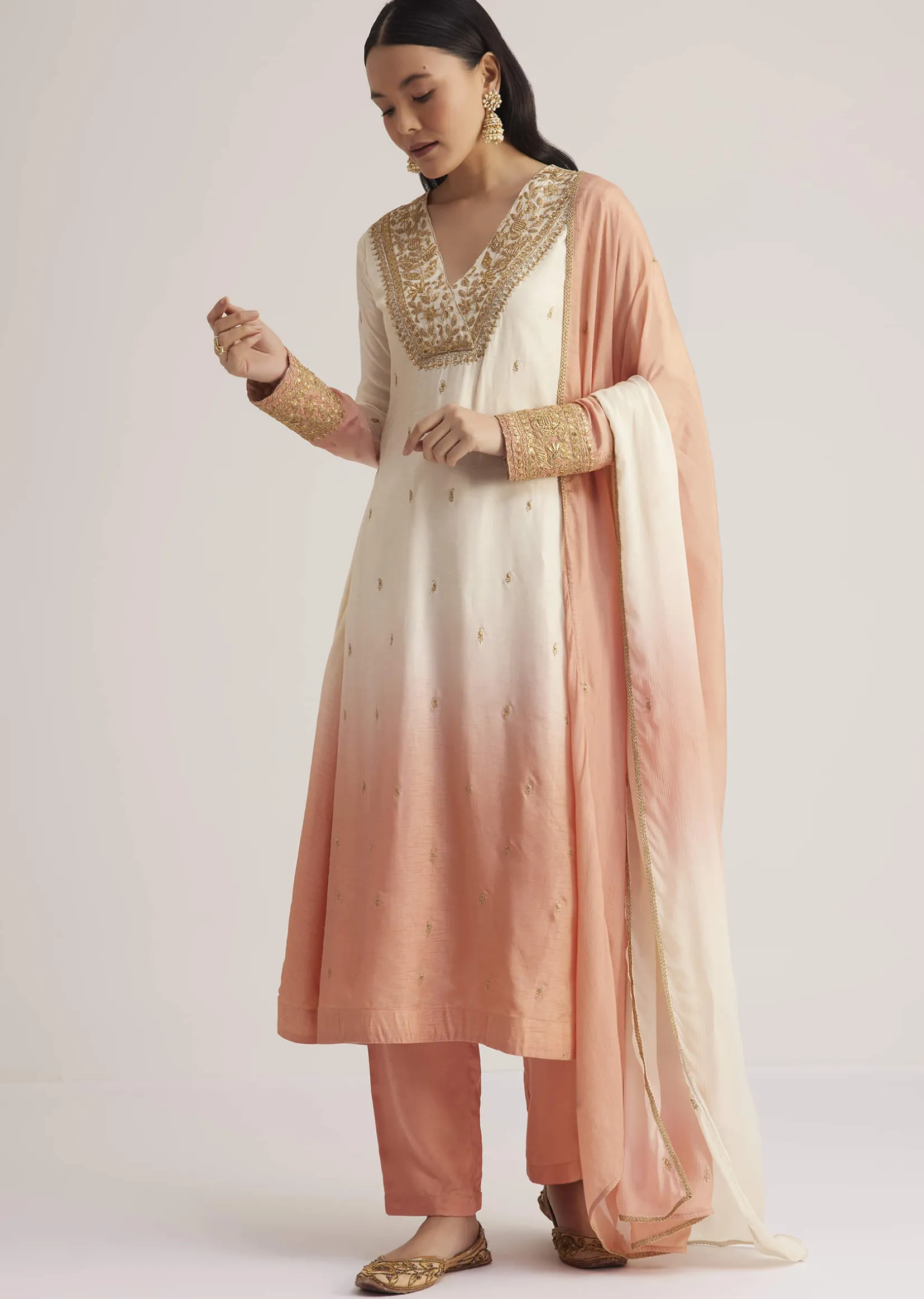 White and Peach Ombre Embroidered Suit