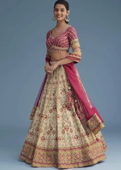 White And Pink Crepe Lehenga Set With Sequins And Cut Dana Work