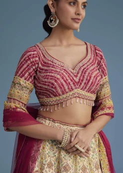 White And Pink Crepe Lehenga Set With Sequins And Cut Dana Work