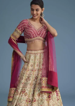 White And Pink Crepe Lehenga Set With Sequins And Cut Dana Work