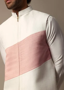 White And Pink Pintuck Kurta Jacket Set For Men