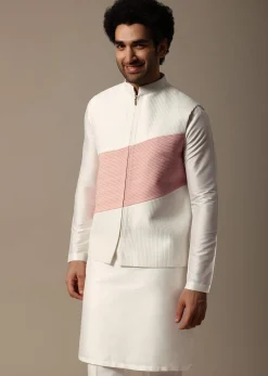 White And Pink Pintuck Kurta Jacket Set For Men