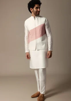 White And Pink Pintuck Kurta Jacket Set For Men