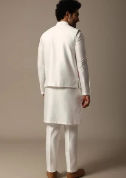 White And Pink Pintuck Kurta Jacket Set For Men
