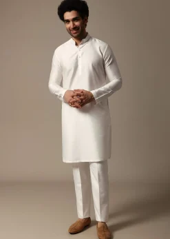 White And Pink Pintuck Kurta Jacket Set For Men