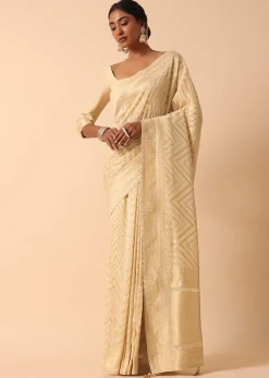 White Banarasi Khaddi Saree With Unstitched Blouse Fabric