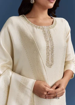 White Banarasi Tissue Kurta Set With Zardosi Neckline