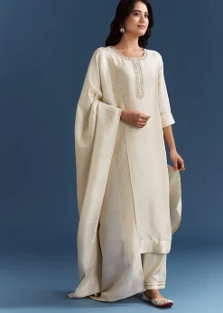 White Banarasi Tissue Kurta Set With Zardosi Neckline