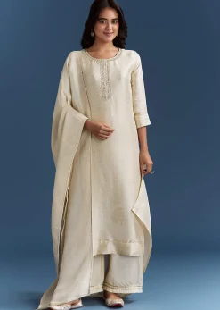 White Banarasi Tissue Kurta Set With Zardosi Neckline