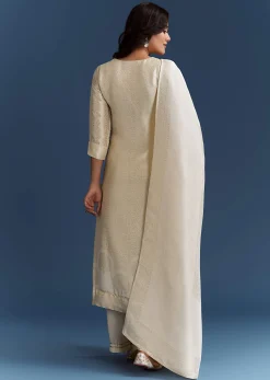 White Banarasi Tissue Kurta Set With Zardosi Neckline