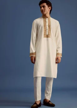 White Block Printed Kurta Set With Zari Embroidery