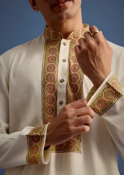 White Block Printed Kurta Set With Zari Embroidery