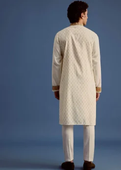 White Block Printed Kurta Set With Zari Embroidery
