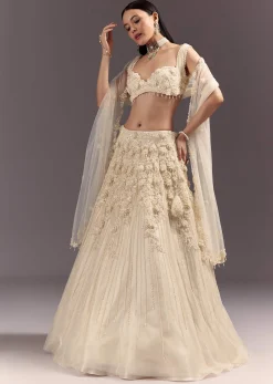 White Bustier Lehenga Set With 3D Floral And Mirror Work