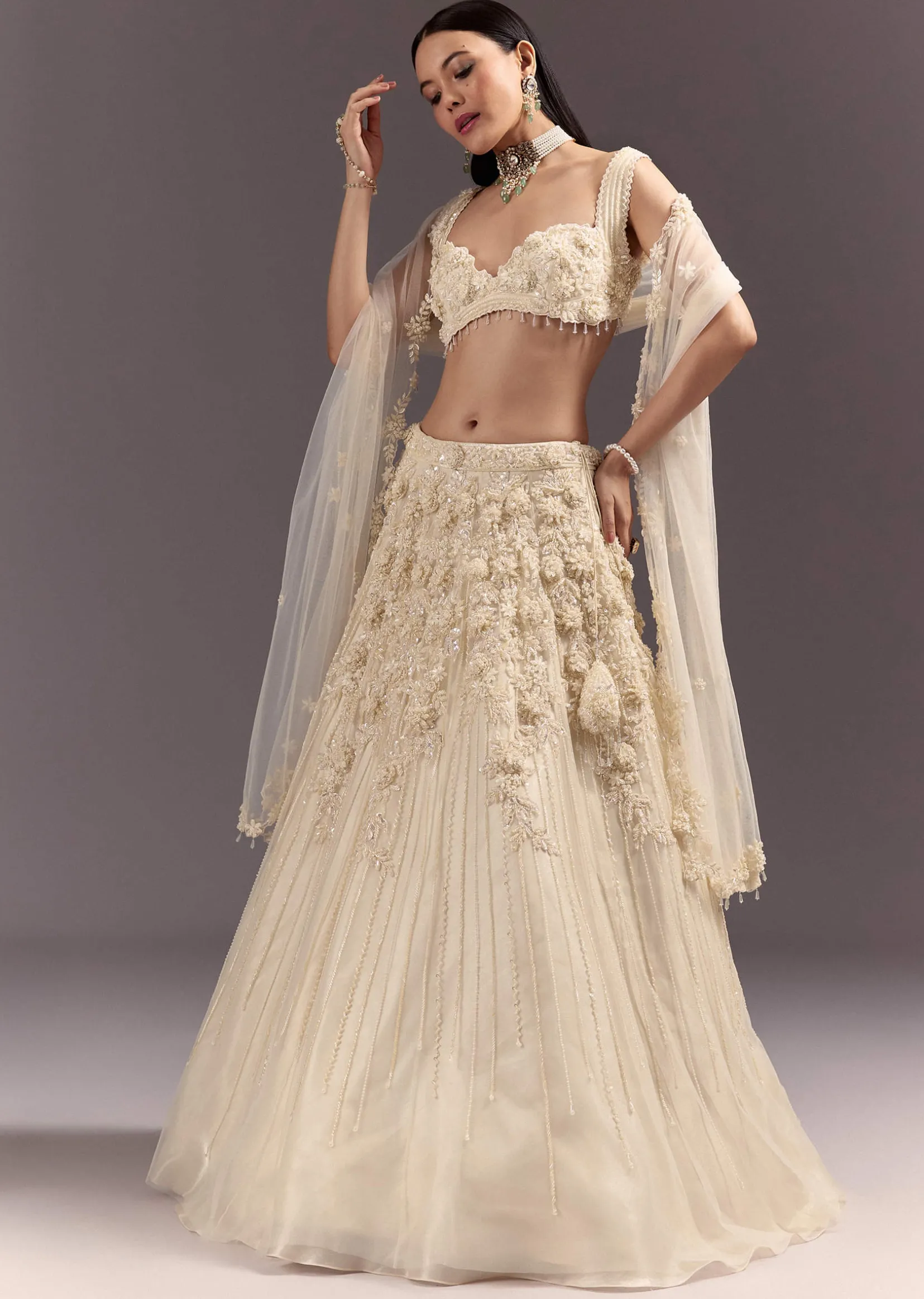 White Bustier Lehenga Set With 3D Floral And Mirror Work