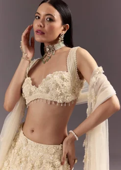 White Bustier Lehenga Set With 3D Floral And Mirror Work