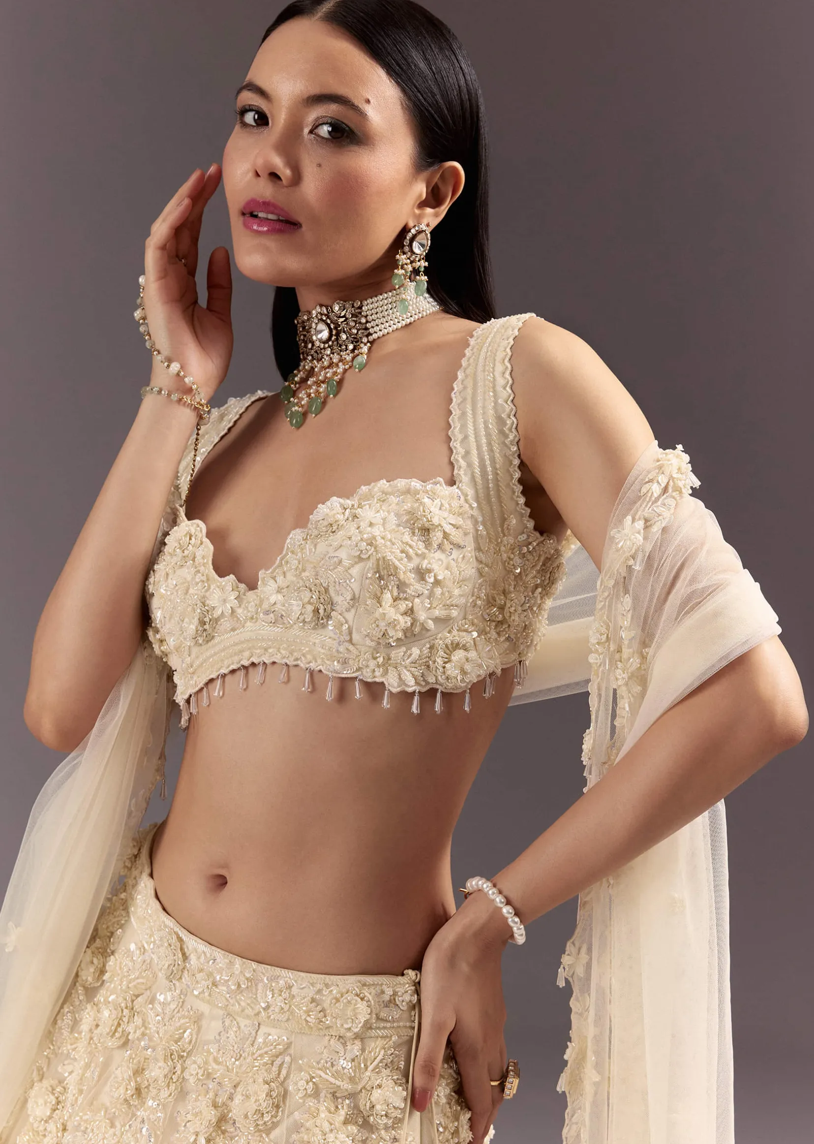 White Bustier Lehenga Set With 3D Floral And Mirror Work