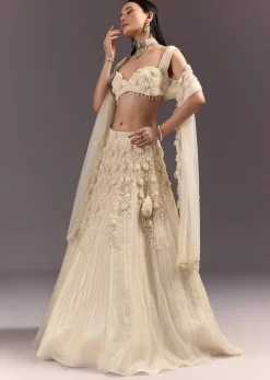 White Bustier Lehenga Set With 3D Floral And Mirror Work