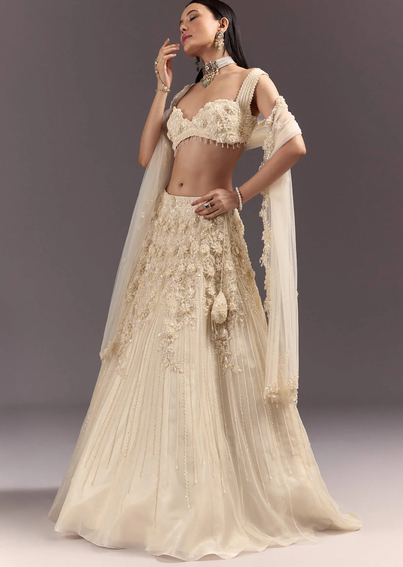 White Bustier Lehenga Set With 3D Floral And Mirror Work