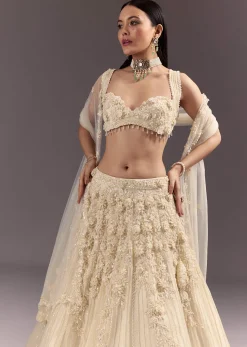 White Bustier Lehenga Set With 3D Floral And Mirror Work
