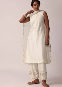 White Chanderi Pant Set With A-Line Kurta