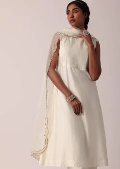 White Chanderi Pant Set With A-Line Kurta
