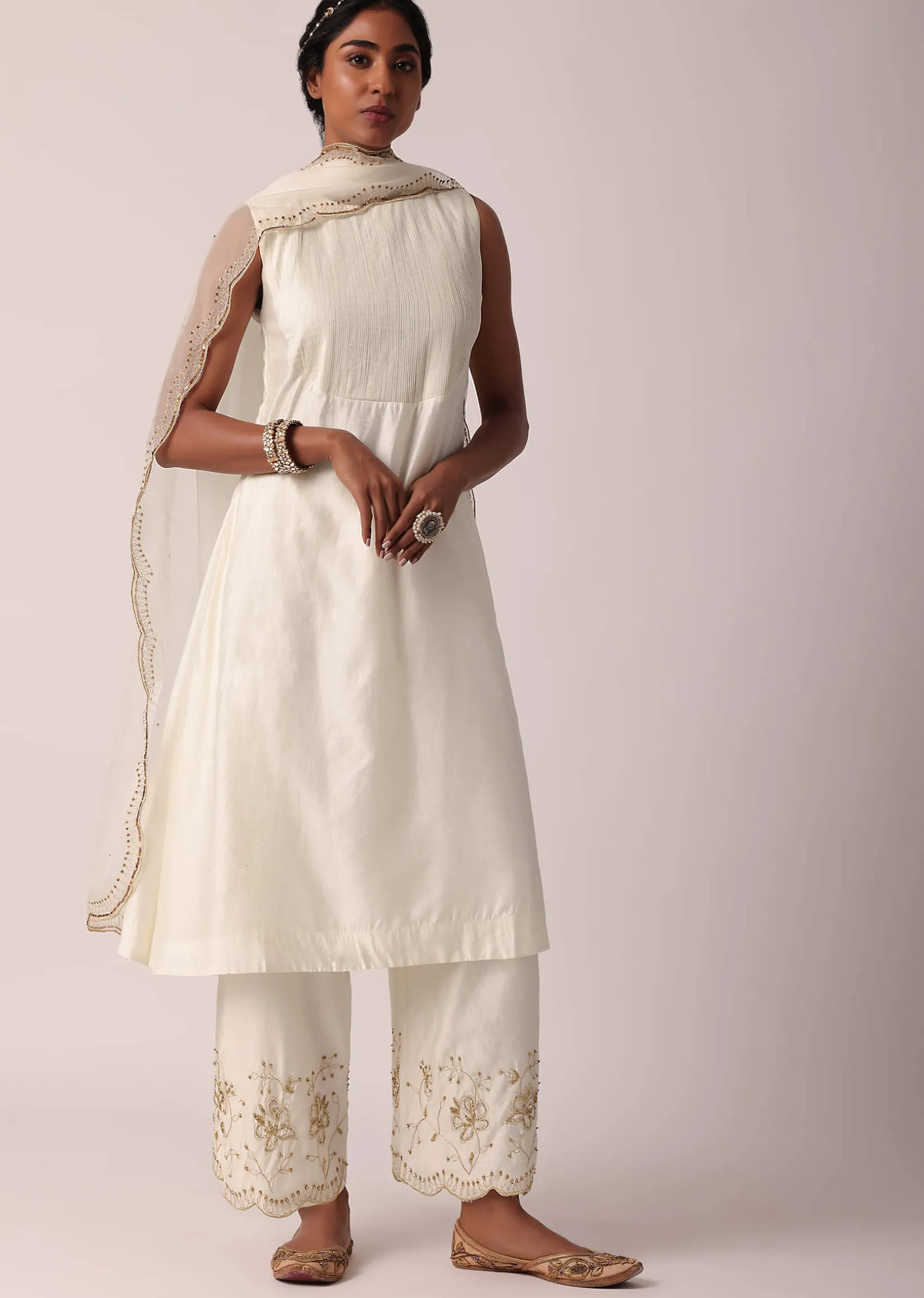 White Chanderi Pant Set With A-Line Kurta
