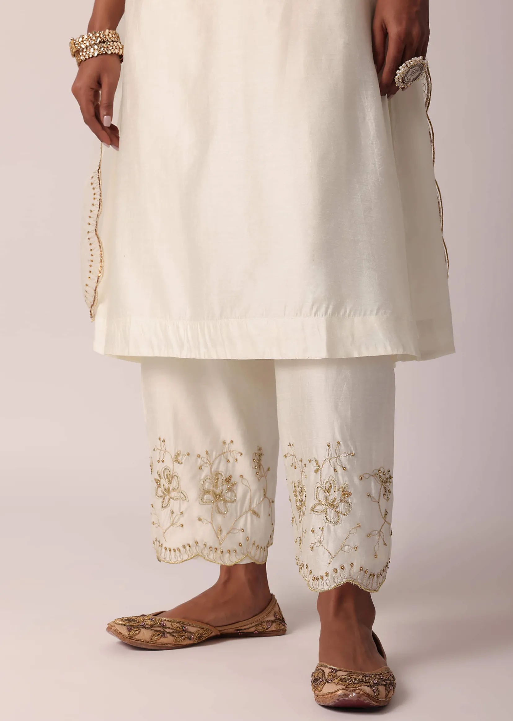 White Chanderi Pant Set With A-Line Kurta
