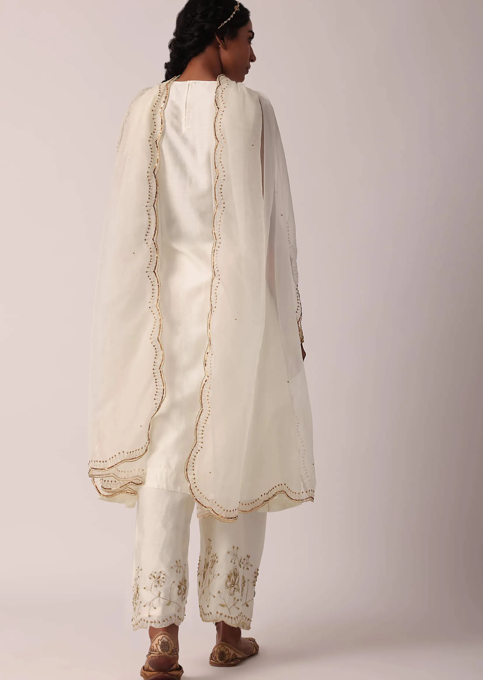 White Chanderi Pant Set With A-Line Kurta
