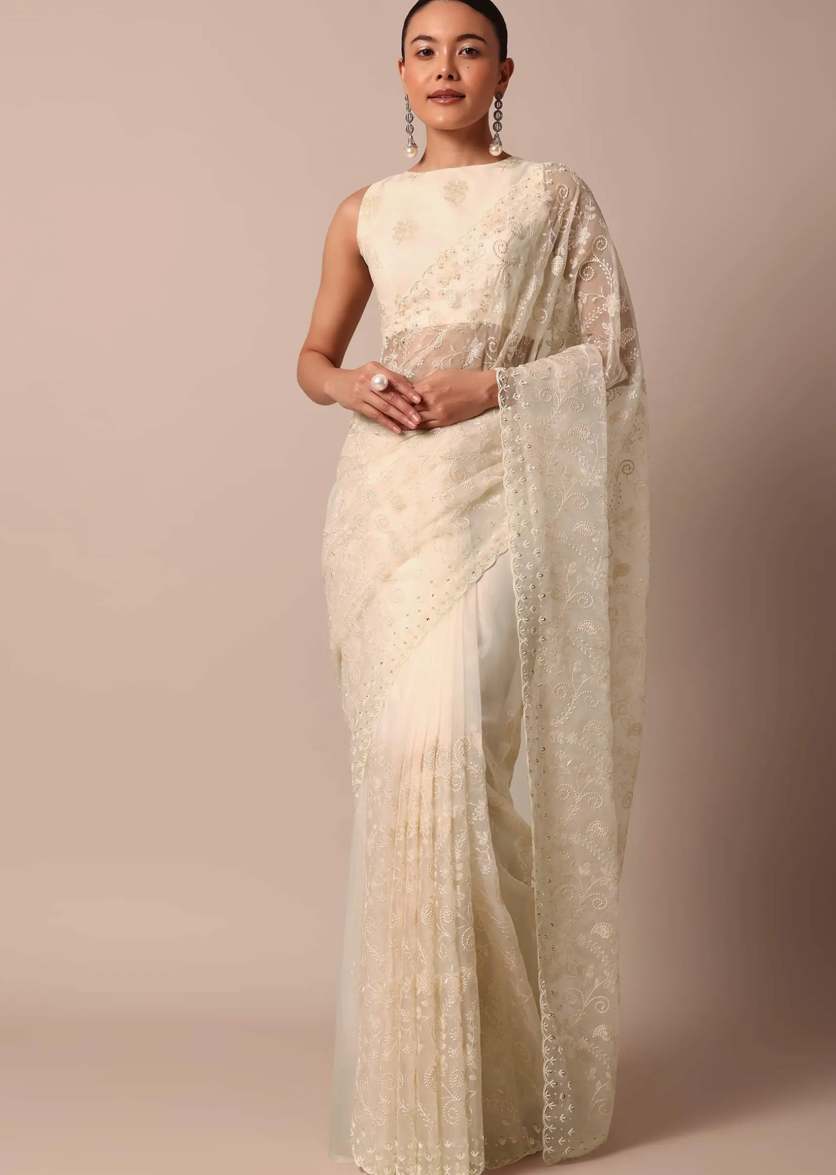 White Chikankari Saree In Organza Silk With Beaded Scallop Detail And Unstitched Blouse Fabric