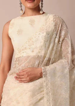 White Chikankari Saree In Organza Silk With Beaded Scallop Detail And Unstitched Blouse Fabric