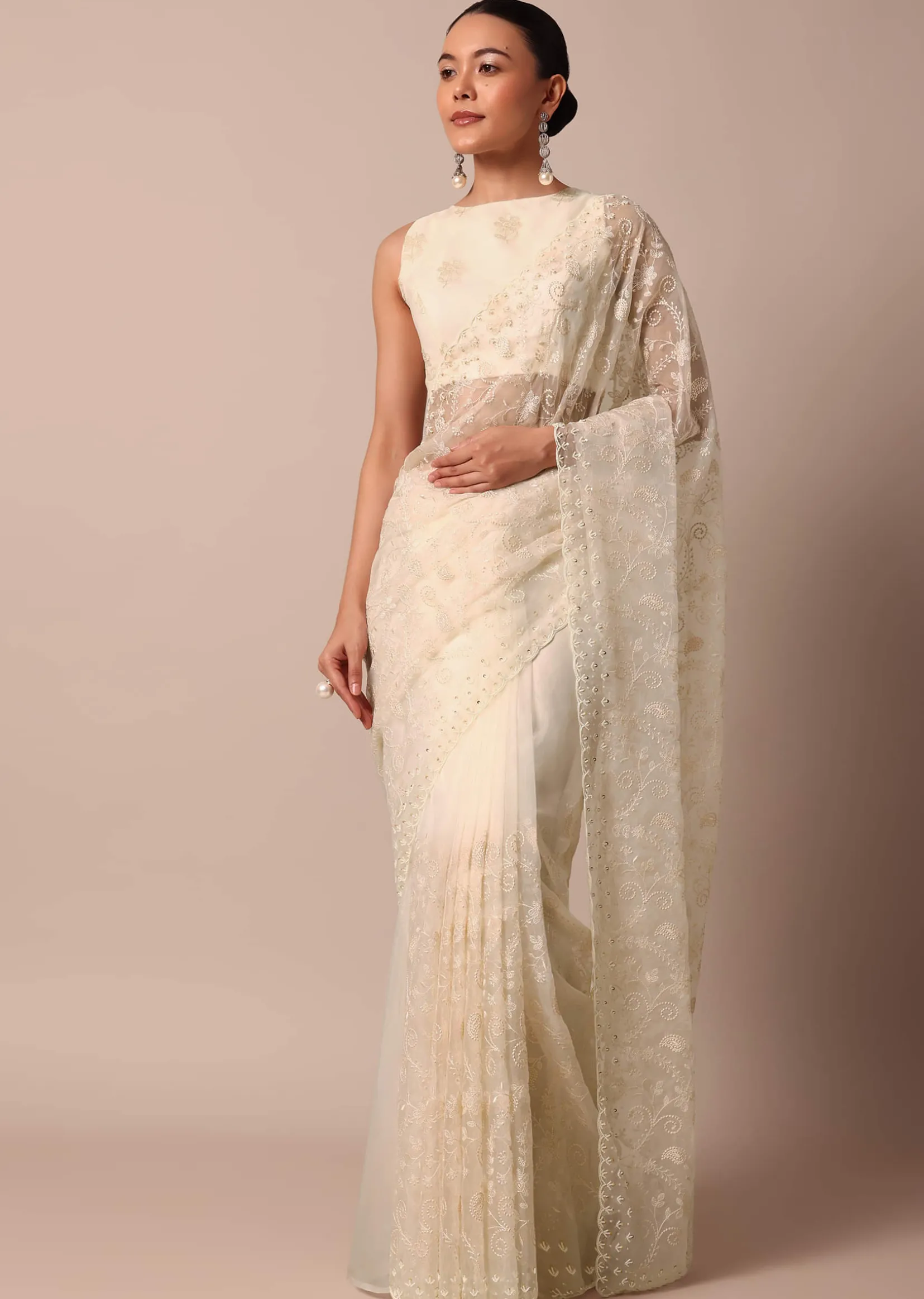 White Chikankari Saree In Organza Silk With Beaded Scallop Detail And Unstitched Blouse Fabric