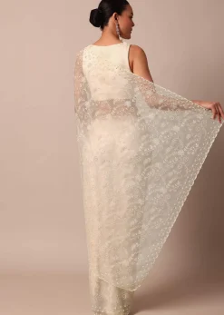 White Chikankari Saree In Organza Silk With Beaded Scallop Detail And Unstitched Blouse Fabric