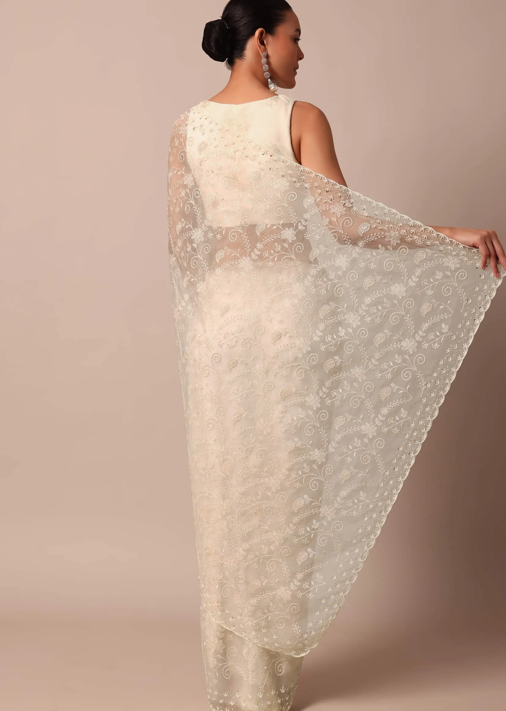White Chikankari Saree In Organza Silk With Beaded Scallop Detail And Unstitched Blouse Fabric