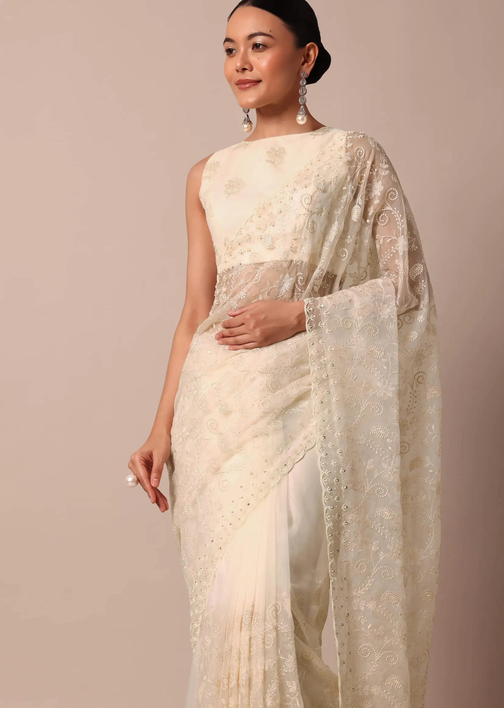 White Chikankari Saree In Organza Silk With Beaded Scallop Detail And Unstitched Blouse Fabric