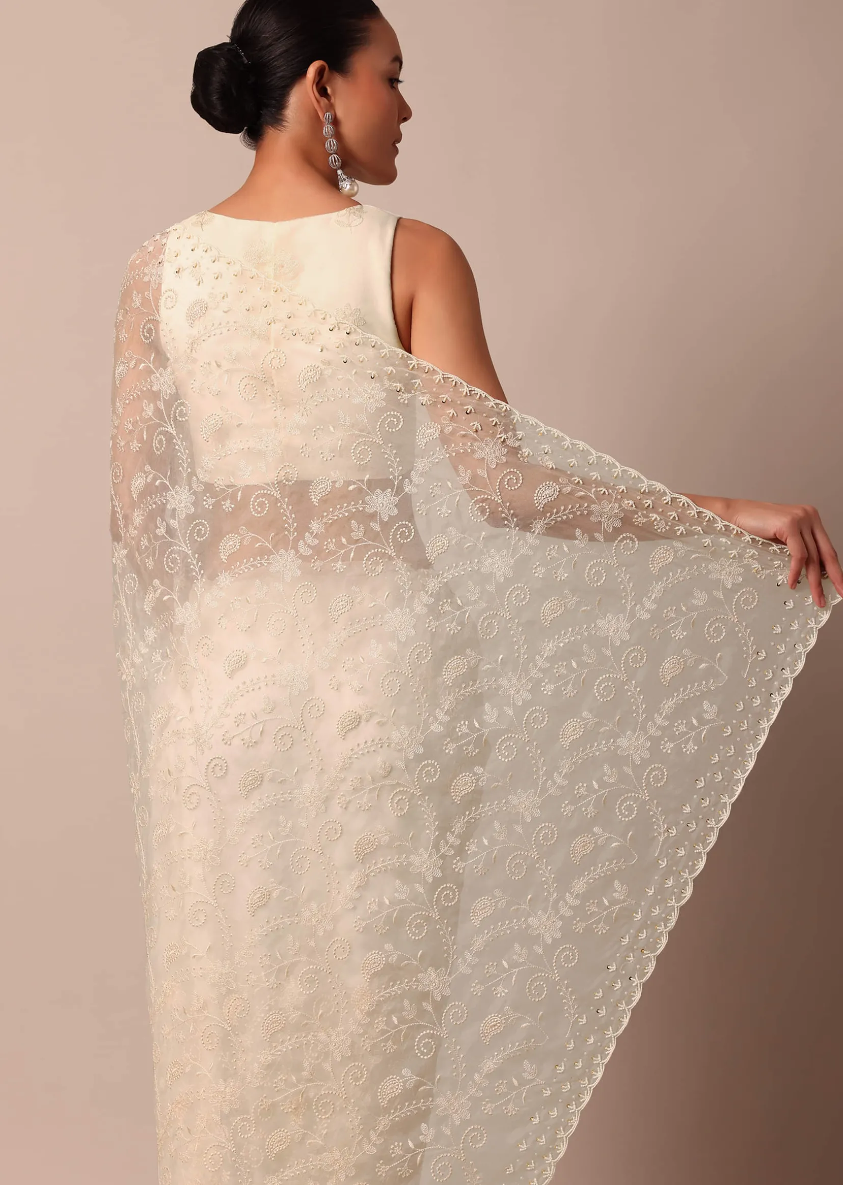 White Chikankari Saree In Organza Silk With Beaded Scallop Detail And Unstitched Blouse Fabric