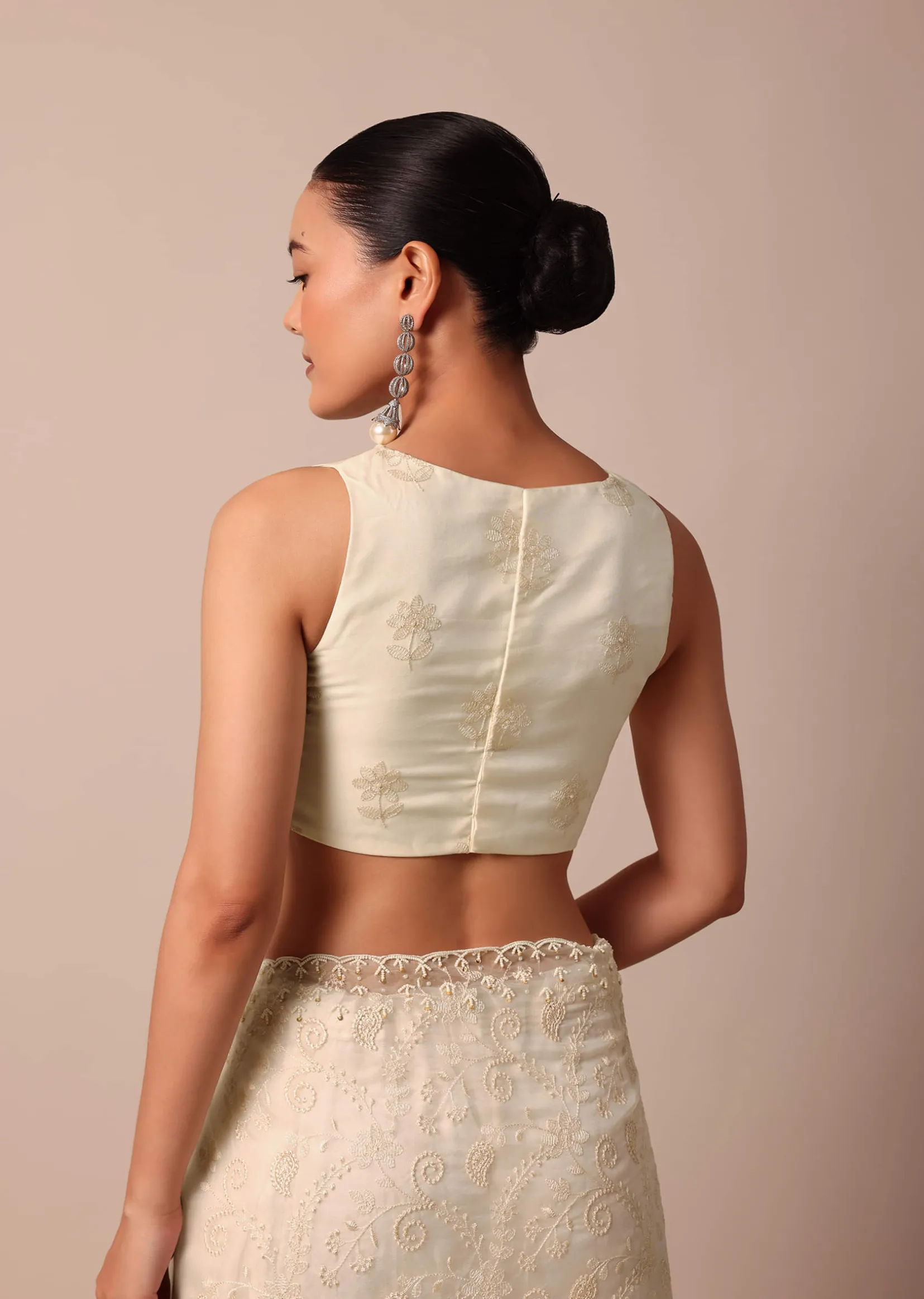 White Chikankari Saree In Organza Silk With Beaded Scallop Detail And Unstitched Blouse Fabric