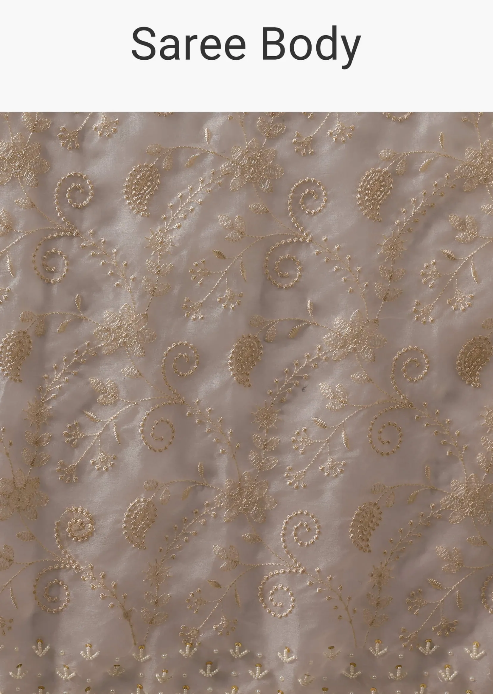 White Chikankari Saree In Organza Silk With Beaded Scallop Detail And Unstitched Blouse Fabric
