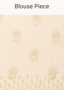 White Chikankari Saree In Organza Silk With Beaded Scallop Detail And Unstitched Blouse Fabric