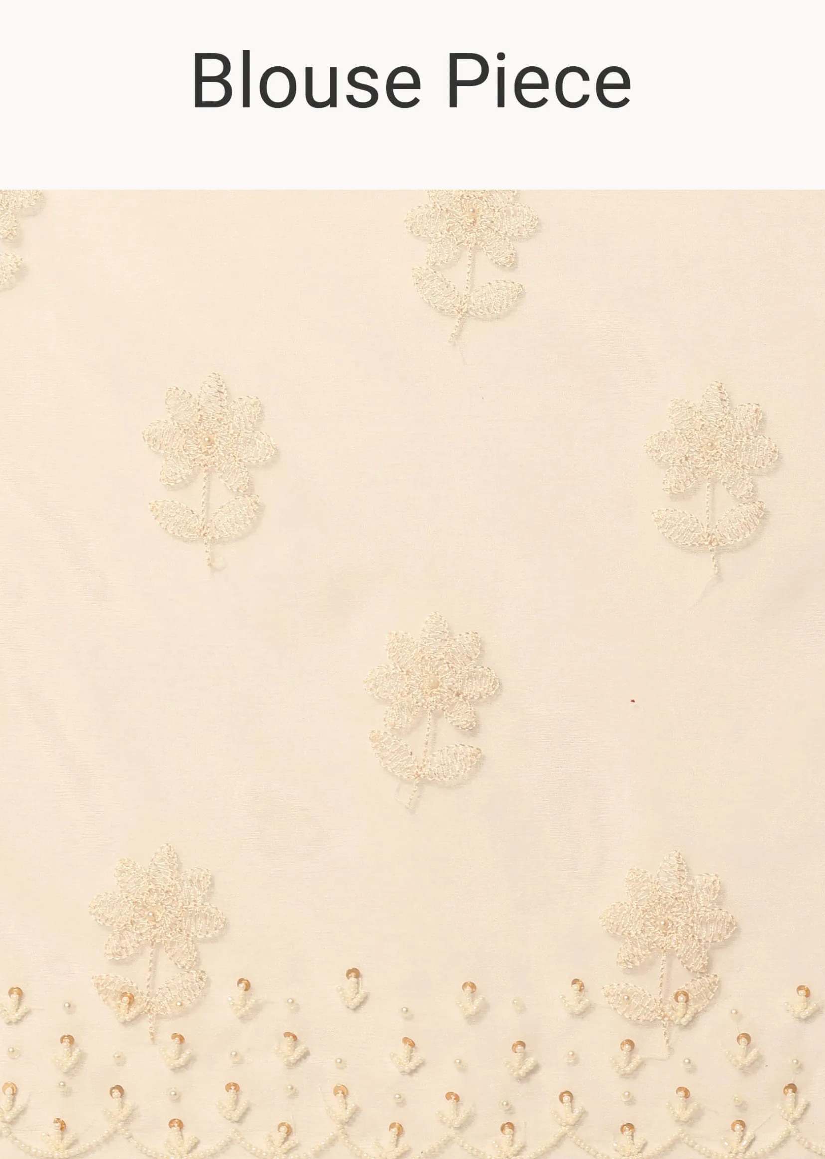 White Chikankari Saree In Organza Silk With Beaded Scallop Detail And Unstitched Blouse Fabric