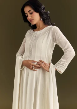 White Chinon Beaded Sequin Anarkali Suit With Dupatta