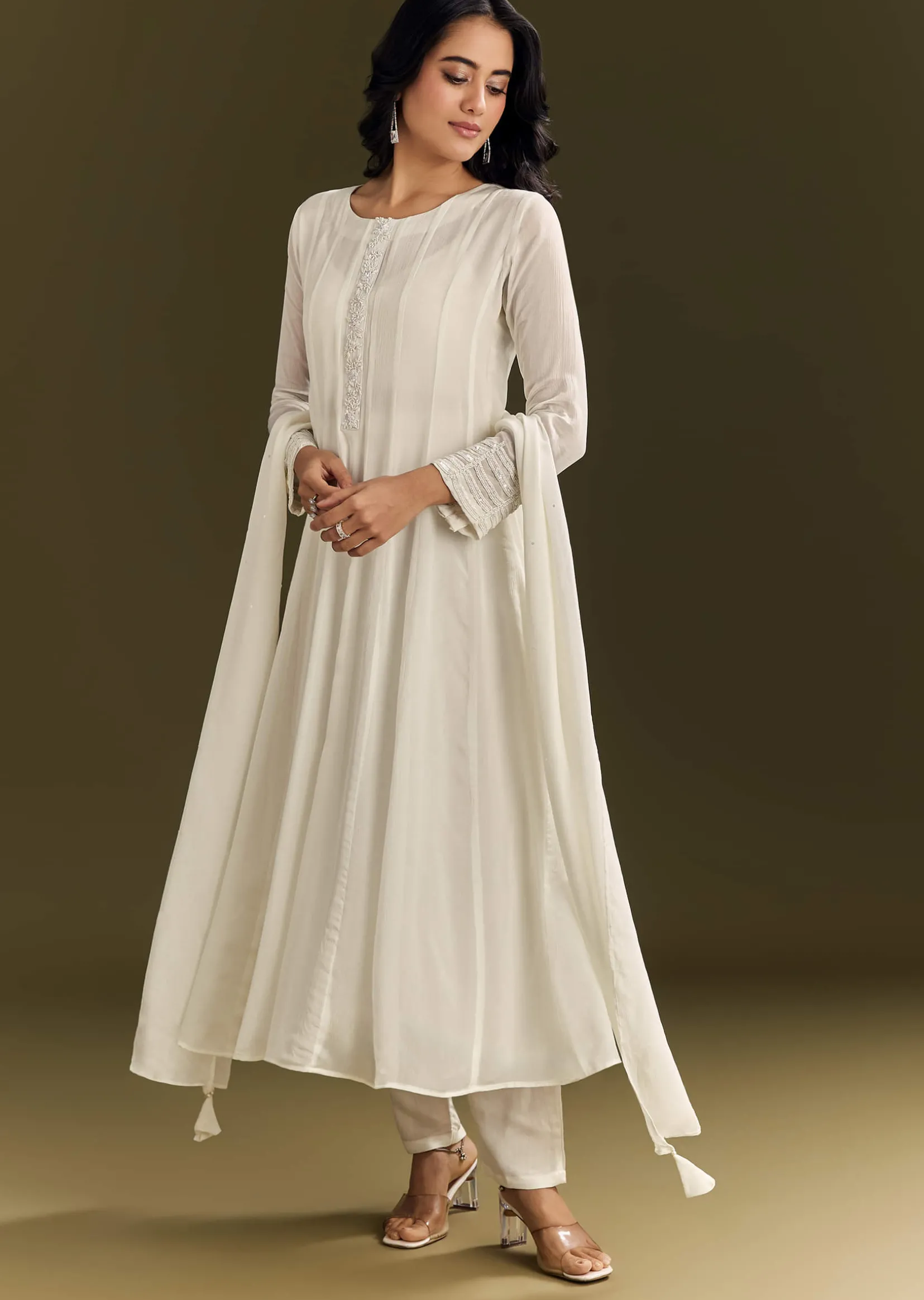 White Chinon Beaded Sequin Anarkali Suit With Dupatta
