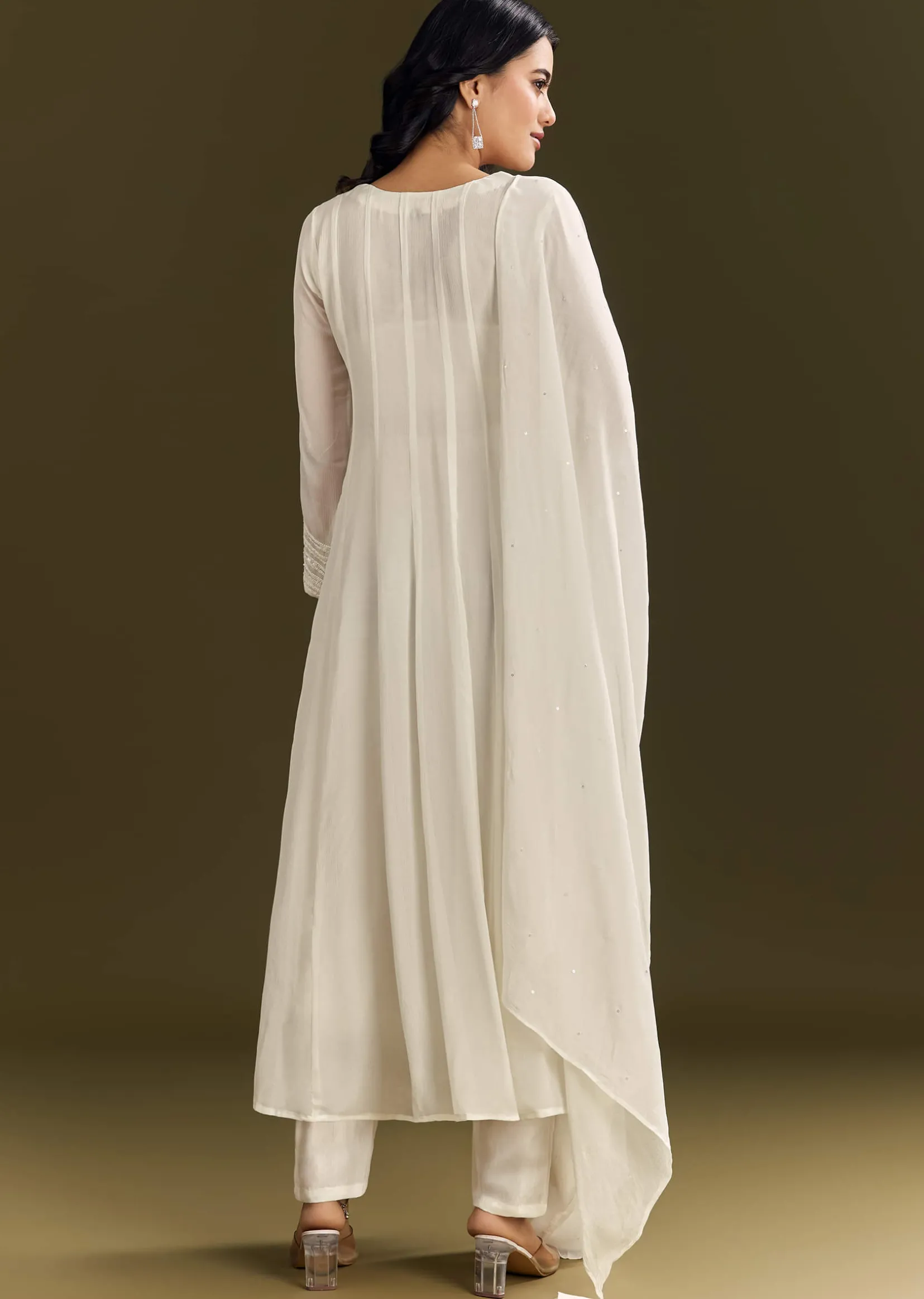 White Chinon Beaded Sequin Anarkali Suit With Dupatta