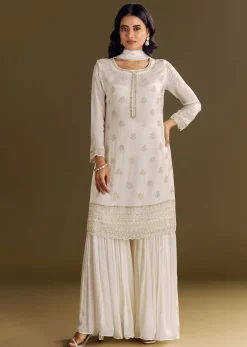 White Chinon Cutdana Kurta Sharara With Moti Work Dupatta